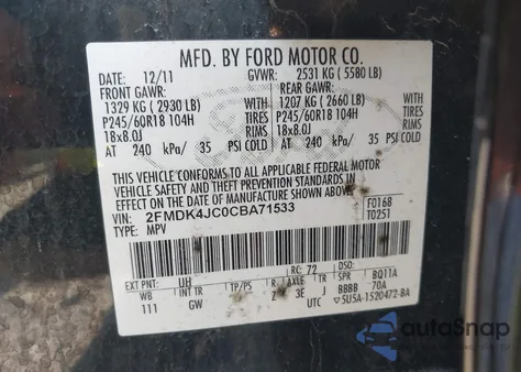 2012 Ford Edge Sel from USA, damaged, VIN 2FMDK4JC0CBA71533
